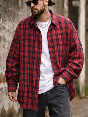 Red Plaid Flannel Button Down Shirt Big Tall 4XL Vintage USA Made